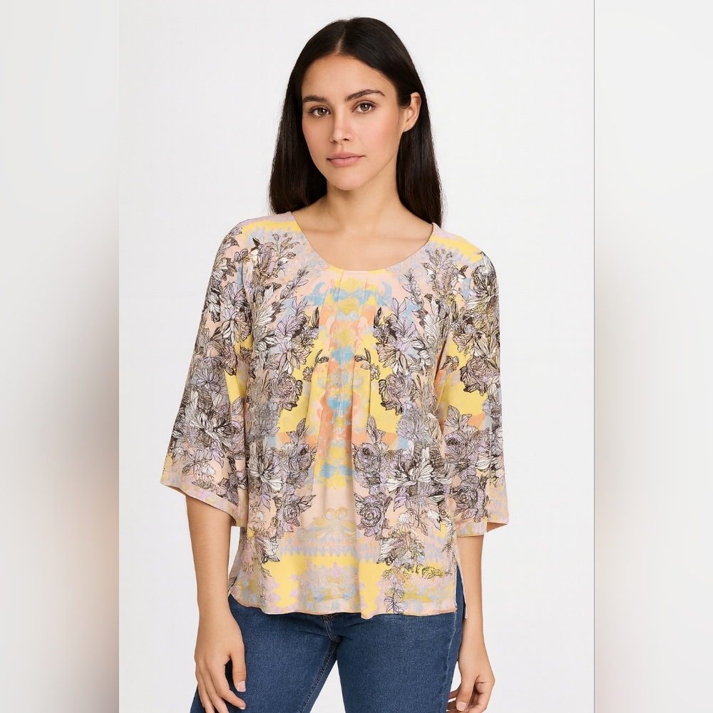 Soft Surroundings Dusty Peach Floral Top 3/4 Sleeve Size XS New Artsy Festive